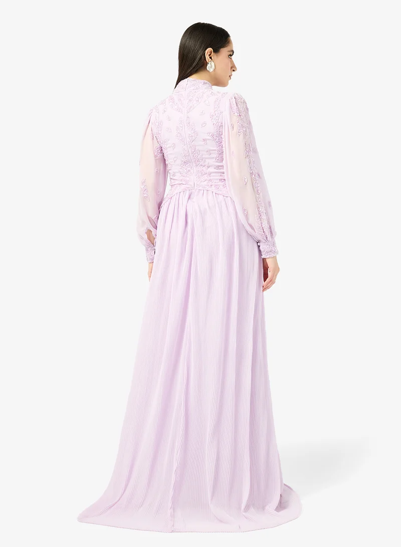 Frock and Frill Embellished Neck Band Puff Sleeve Maxi Dress